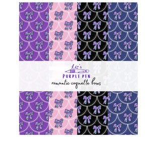 Op de afbeelding: Een verzameling patronen met strikken in verschillende kleuren. De ontwerpen omvatten paarse, roze, zwarte en marineblauwe achtergronden met herhaalde strikpatronen. De tekst "Liz's Purple Pen romantic coquette bows" wordt in het midden weergegeven.