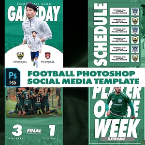 Puede incluir: Una plantilla digital de Photoshop para redes sociales de clubes de fútbol en verde y blanco. Incluye secciones para anuncios de partidos, un calendario, resultados finales de 3 a 1 y un gráfico de jugador de la semana con marcadores.