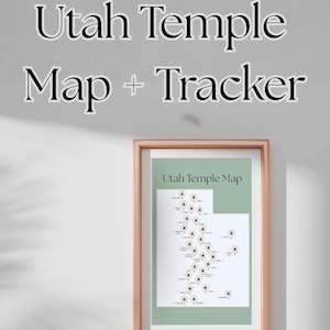 May include: Framed Utah Temple Map + Tracker print. The map features a light green background with a white map of Utah and temple locations marked with small icons. The frame is a light brown color, and the text "Utah Temple Map + Tracker" is at the top.
