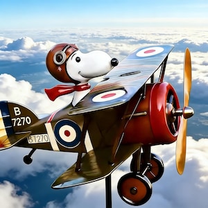 May include: A whimsical figurine of Snoopy, wearing a brown aviator helmet and red scarf, piloting a biplane. The biplane is painted in olive green, red, and blue, with a propeller and the number "B 7270" on the tail. The background is a cloudy sky.