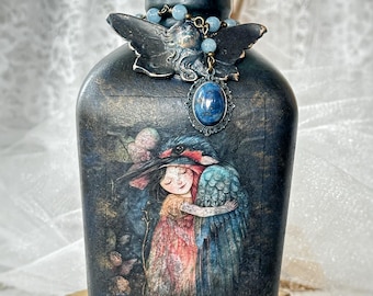 Enchanting Embrace, Altered Vintage Gothic Fantasy Art Bottle by The Vintage Angel