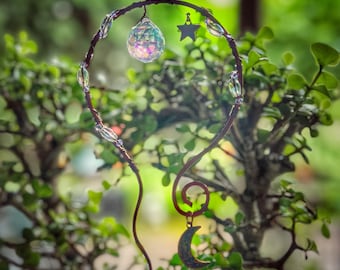 Joya de plantas celestiales Luna y Estrella, atrapasoles de estaca de cristal envuelto en alambre artesanal