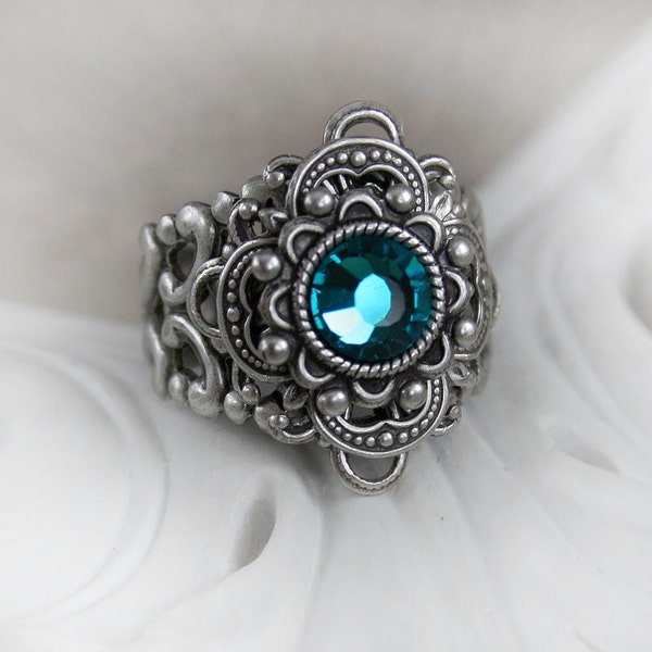 OCEAN JEWEL Victorian fantasy cocktail ring with aged silver and ocean blue crystal, free gift boxing
