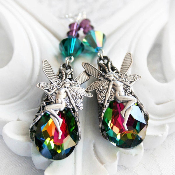 THE RAINBOW CONNECTION fairy earrings, romantic vintage fantasy inspired Swarovski teardrop earrings, free gift boxing