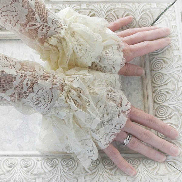 ANGEL vintage Victorian steampunk lace cuffs, fingerless lace gloves in creamy ivory lace, free gift packaging