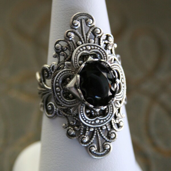 THE COUNTESS Victorian fantasy cocktail ring with jet black crystal and antiqued silver filigree details