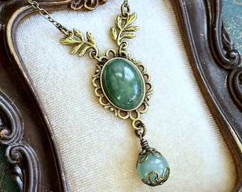 Green Aventurine Pendant Necklace - Nature Earthy Forest Gemstone Victorian Style Necklace