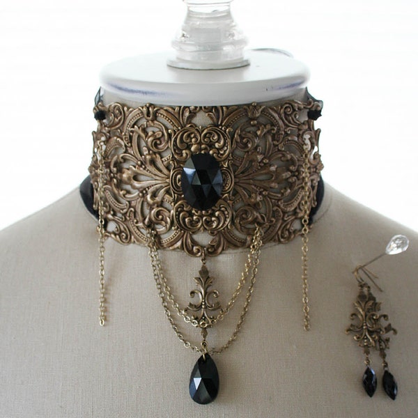 EBONY romantic gothic Victorian style black crystal steampunk choker with free earrings