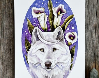Reavivamiento - Impresión artística Giclée firmada, titulada y fechada a mano a partir de la acuarela original, Lobo terrible, Lobo blanco, Renacimiento