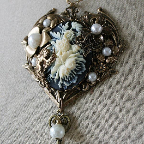 KEY to my HEART romantic Victorian steampunk Valentines Day necklace with cameo