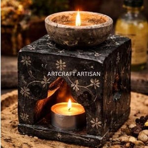 Black Soapstone Candle Holder, Dual Use Oil Burner, Modern Geometric Decor
