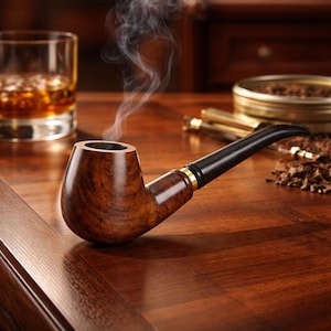 Może przedstawiać: Dymiąca drewniana fajka z ciemnym, zakrzywionym cybuchem i złotymi akcentami spoczywa na wypolerowanej drewnianej powierzchni. Szklanka bursztynowego płynu i puszka tytoniu znajdują się w tle. Smugi dymu unoszą się z fajki.