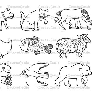 May include: Black and white line drawings of various animals, including a dog, cat, horse, duck, fish, sheep, frog, bird, and bear. Each animal is depicted in a simple, outlined style, suitable for coloring or educational purposes.