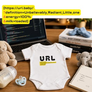 May include: A white short-sleeved baby bodysuit featuring the black text URL and a yellow rectangular graphic containing the text https://url.baby/?definition=Unbelievably_Radiant_Little_one&energy=100%&milk=loaded, positioned on a wooden surface.