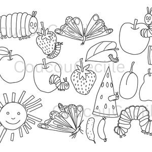 May include: Black and white line art illustrations of various food items and insects. Includes an apple, strawberry, pear, watermelon slice, cheese, and a sun with a smiling face. Caterpillars and butterflies are also depicted.