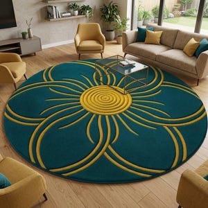 May include: A large circular area rug featuring a deep teal background with a prominent, raised yellow floral pattern. The design consists of a central spiral circle surrounded by curved, petal-like lines that extend outward toward the edges.