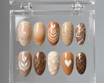 Coffee Inspired Press On Nails, Latte Art Nail Set, Neutral Brown Fake Nails, Autumn Reusable Manicure, Handmade Gift for Her