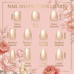 K&ouml;nnte beinhalten: Eine Nagelform- und Gr&ouml;&szlig;entabelle auf rosa Hintergrund mit Blumenillustrationen. Sie zeigt verschiedene Nagelformen, beschriftet als kurz, mittel und lang in quadratisch, oval, mandelf&ouml;rmig, Ballerina und Stiletto, mit Ma&szlig;en von 18mm, 21mm, 25mm, 26mm und 33mm.