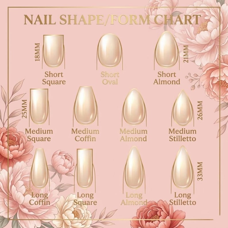 K&ouml;nnte beinhalten: Eine Nagelform- und Gr&ouml;&szlig;entabelle auf rosa Hintergrund mit Blumenillustrationen. Sie zeigt verschiedene Nagelformen, beschriftet als kurz, mittel und lang in quadratisch, oval, mandelf&ouml;rmig, Ballerina und Stiletto, mit Ma&szlig;en von 18mm, 21mm, 25mm, 26mm und 33mm.