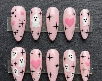 Pink Halloween Press On Nails, Cute Ghost and Bat Fake Nails, Kawaii Spooky Acrylic Nails
