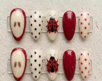 Ladybug Themed Press On Nails, Nature Inspired Nails, Kawaii Spring Summer Nail