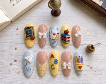 Back to School Press On Nails, 3D Bow Apple Pencil Fake Nails, Student & Teacher Gift