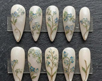 Stained Glass Floral Press On Nails: Blue Forget Me Not Pearl Shimmer Gold Line Fake Nails
