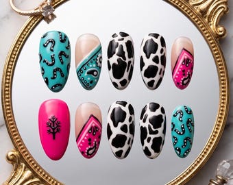 Pink Teal Western Cow Print Press On Nails, 3D Gel Cowgirl Bandana Fake Nails