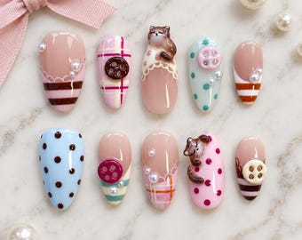 3D Bear Button Plaid Press On Nails, Polka Dot Lace Long Almond Nails, Kawaii Pink Nail Set