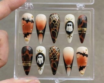 Halloween Press On Nails, Spooky Ghost & Bat Stiletto Nails, Orange Black Spiderweb Gel Nails