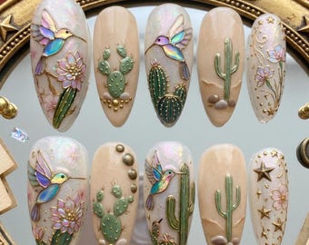 3D Hummingbird Cactus Press On Nails | Vintage Desert Western Gel Art