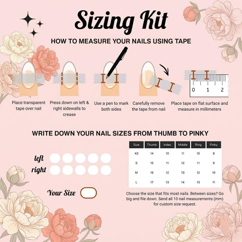 K&ouml;nnte beinhalten: Eine rosa Anleitungsgrafik mit dem Titel Sizing Kit und Blumenillustrationen. Sie zeigt f&uuml;nf Schritte zum Messen von N&auml;geln mit Klebeband und Stift sowie eine Gr&ouml;&szlig;entabelle f&uuml;r Daumen, Zeigefinger, Mittelfinger, Ringfinger und kleinen Finger in den Gr&ouml;&szlig;en XS bis L.