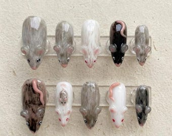 3D Mouse Press On Nails, Hand Painted Rat Fake Nails, Kawaii Animal Custom Nails