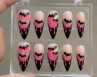 Halloween Press On Nails, Pink Drip Bat Nails, Spooky Reusable Manicure Set