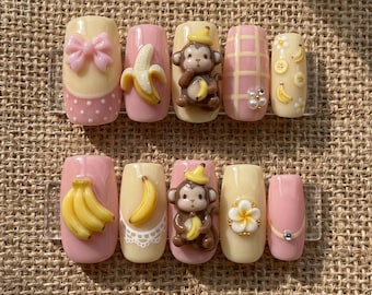 3D Monkey Banana Press On Nails | Kawaii Pink Yellow Plaid Fake Nails