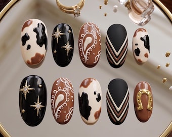 Brown Bandana Press On Nails, Western Cow Print False Nails, 3D Gel Paisley Fake Nails, Cowboy Horseshoe Nails, Luxury Southwestern Nails