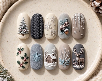 Christmas Snowflake Press On Nails, Winter Wonderland Nails, Cute Reindeer Nails