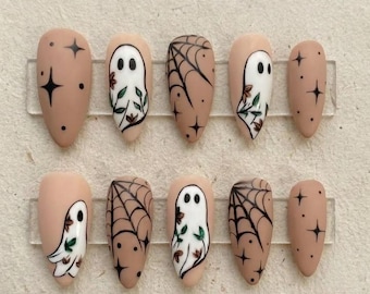 Halloween Press On Nails, Neutral Fall Ghost Fake Nails, Spooky Spiderweb Nail Art, Autumn Almond Acrylic