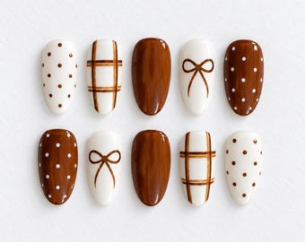 Brown Coquette Almond Press On Nails: Plaid Polka Dot Fall Manicure Set