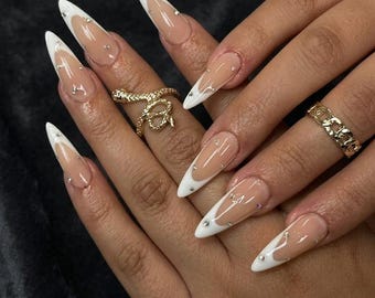 Pearl White French Press On Nails, Bridal Gel Fake Nails, Elegant Wedding Manicure