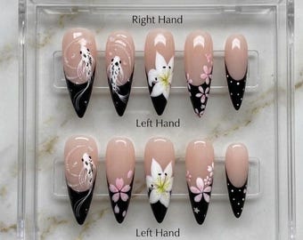 Hand-Painted Koi Lily Stiletto Press On Nails – Japanese Style Art Set