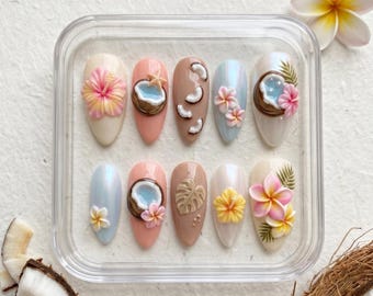 Pink Tropical Press On Nails | 3D Gel Hibiscus Flower and Coconut Fake Nails | Glossy Summer Almond Nails | Handmade Reusable False Nails
