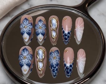 3D Blue Floral Press On Nails: Hand-Painted Porcelain Style, Gold Foil Embossed Gel