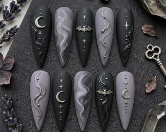 Gothic Press On Nails, Matte Black Fake Nails Set, Silver Bat Crescent Moon