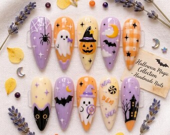 Halloween Press On Nails, Pastel Spooky False Nails, Handpainted Cat Witch Ghost Fake Nail