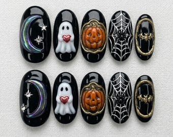 3D Halloween Press On Nails | Cute Ghost and Pumpkin False Nails | Glossy Black Halloween Nails | Gel Raised Details Fake Nails