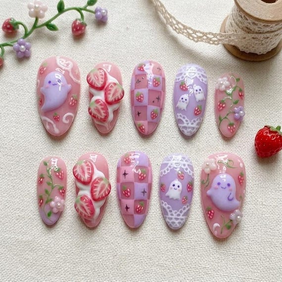 Halloween Pastel Ghost Press On Nails: Goth Pink Checkerboard Autumn Gift Nail