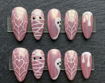 Pink Halloween Press On Nails: Spooky Ghost Spiderweb Fake Nails