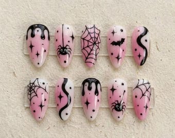 Pink Halloween Press On Nails, Cute Spiderweb & Bat Fake Nails, Autumn Party Nail Set