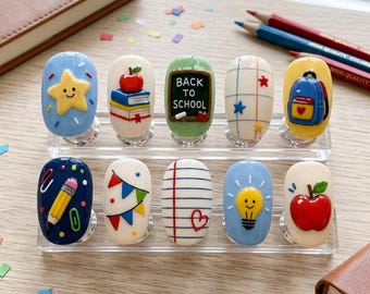 Back to School Press On Nails: Teacher Apple School Glue On Fake Nail Set